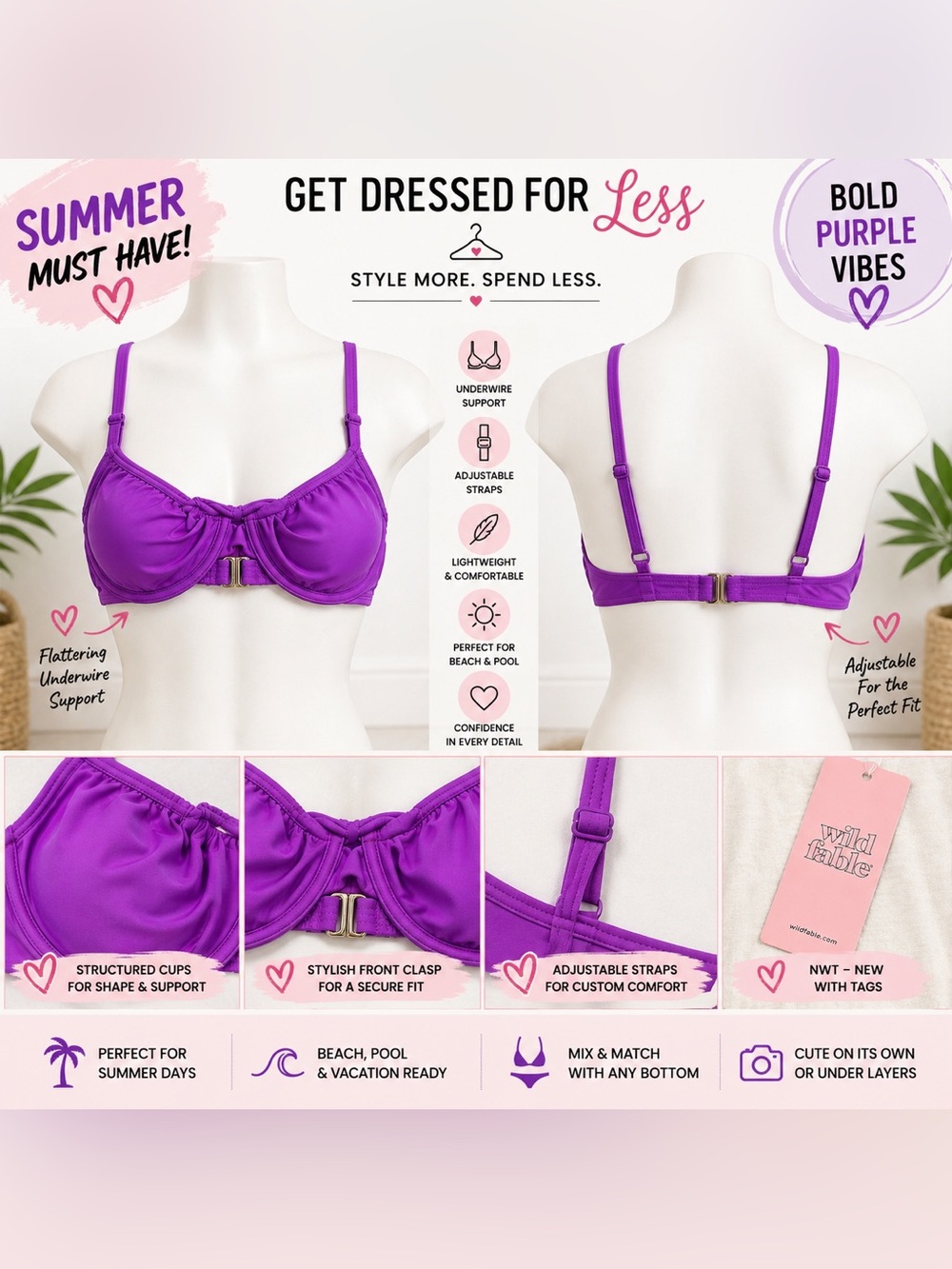 Wild Fable Womens Bikini Top Size Small 4-6 Purple Underwire Swimsuit NWT